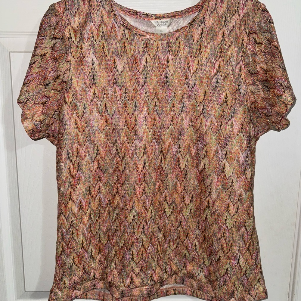 Christopher & Banks Womens XL Short Sleeve Metallic Knit Multi Color Shimmer Top